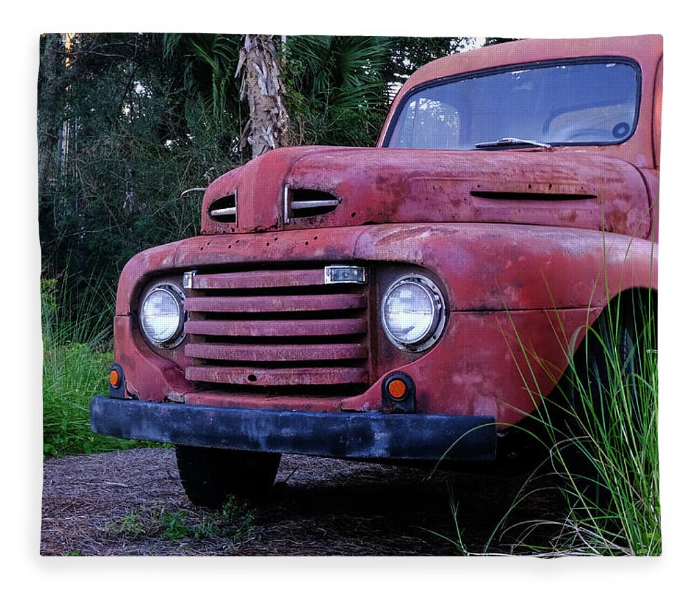 Concept Fleece Blanket featuring the photograph Old Red Truck by Grass by Darryl Brooks