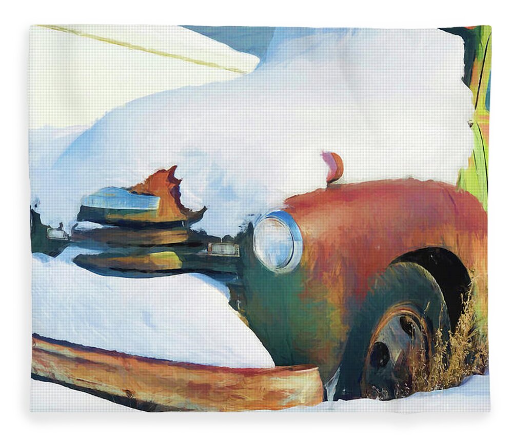 Truck Fleece Blanket featuring the photograph Old rusty Chevrolet truck covered by snow in Montana #2 by Tatiana Travelways