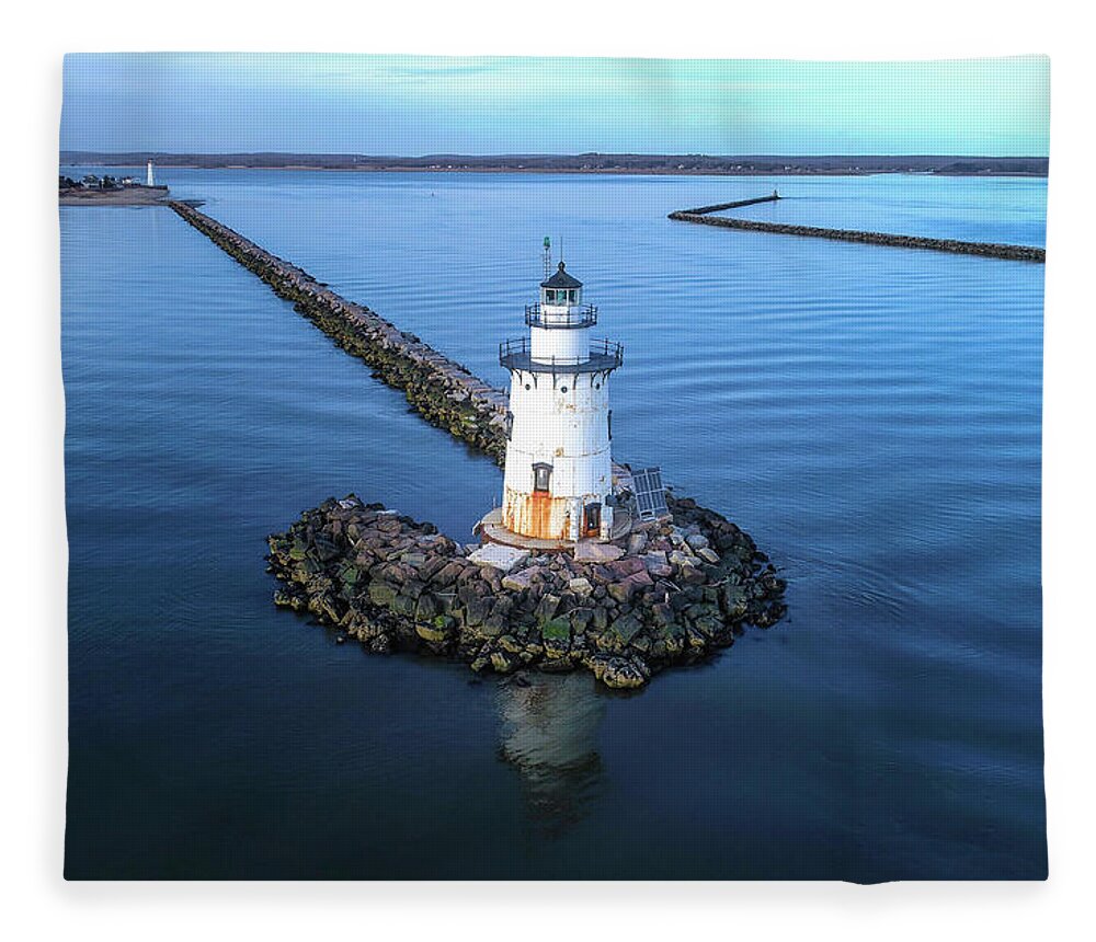 Old Saybrook Fleece Blanket featuring the photograph Old Saybrook Outer Lighthouse #1 by Veterans Aerial Media LLC