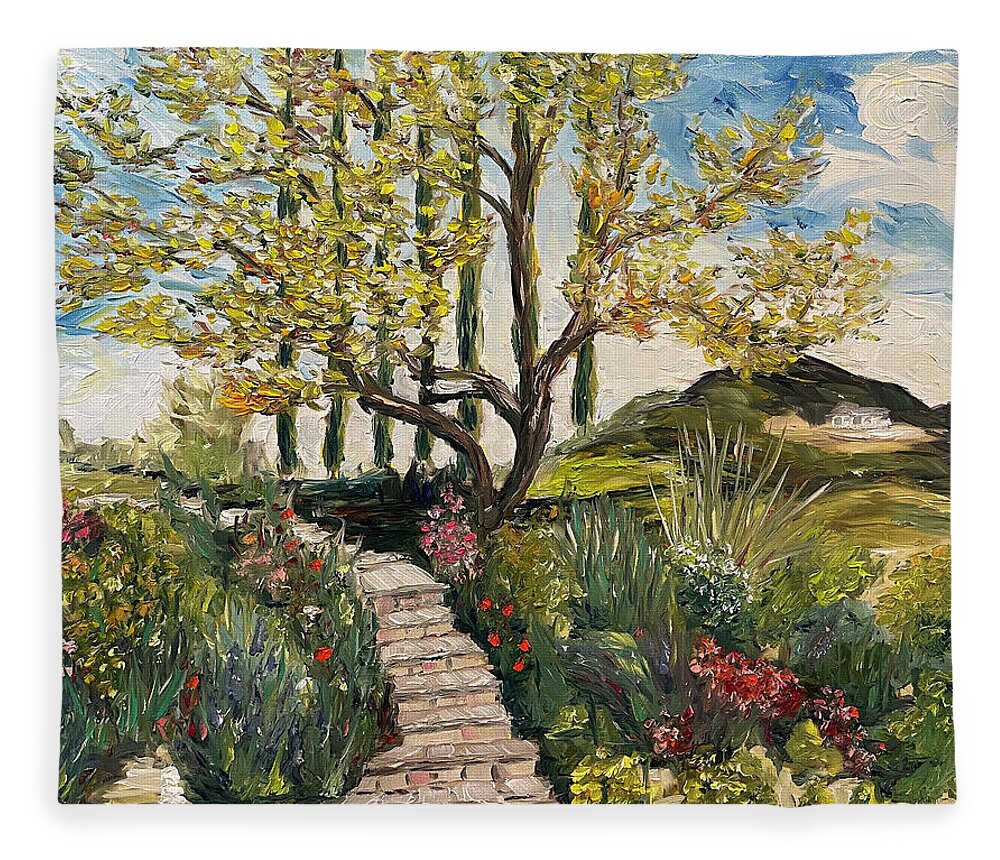Olive Tree Fleece Blanket featuring the painting The Olive Tree at Gershon Bachus Vintners by Roxy Rich