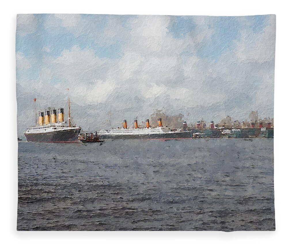 Steamer Fleece Blanket featuring the digital art Olympic and Aquitania by Geir Rosset