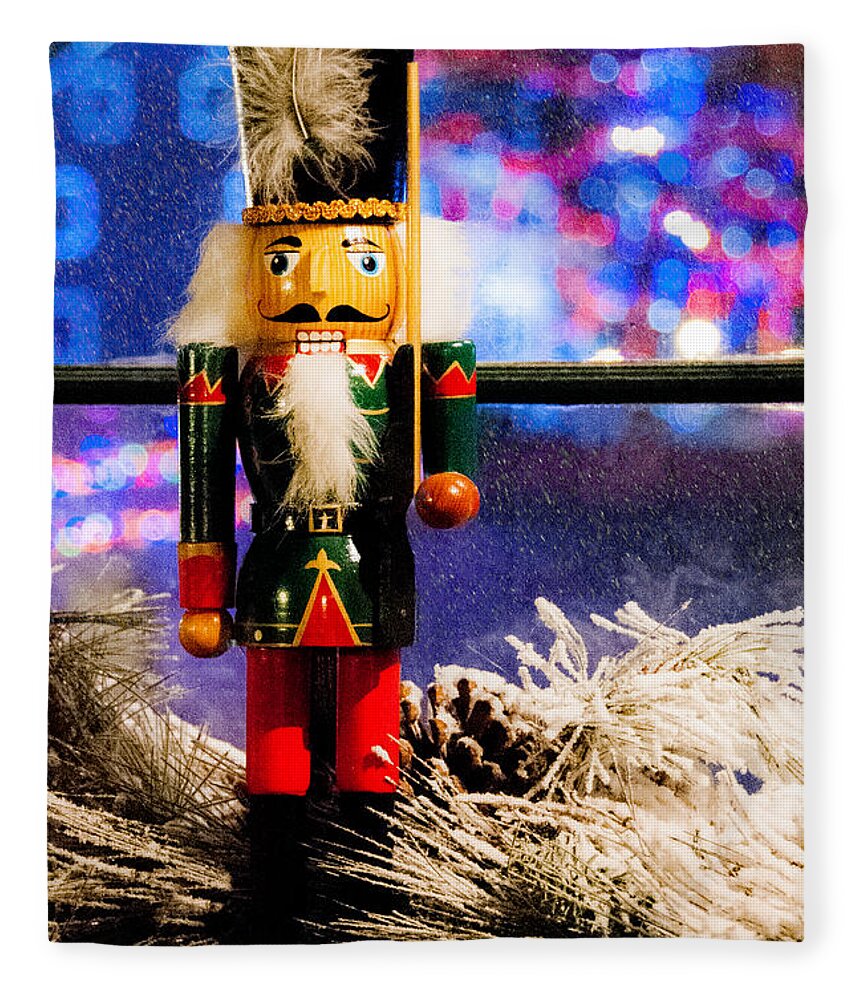 Nutcracker Fleece Blanket featuring the mixed media On Guard for Christmas by Moira Law