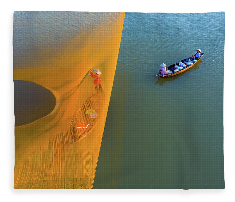 Awesome Fleece Blanket featuring the photograph on the Hoai river by Khanh Bui Phu