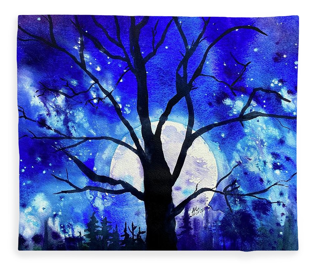 Full Moon Fleece Blanket featuring the painting Once in a Blue Moon by Michal Madison