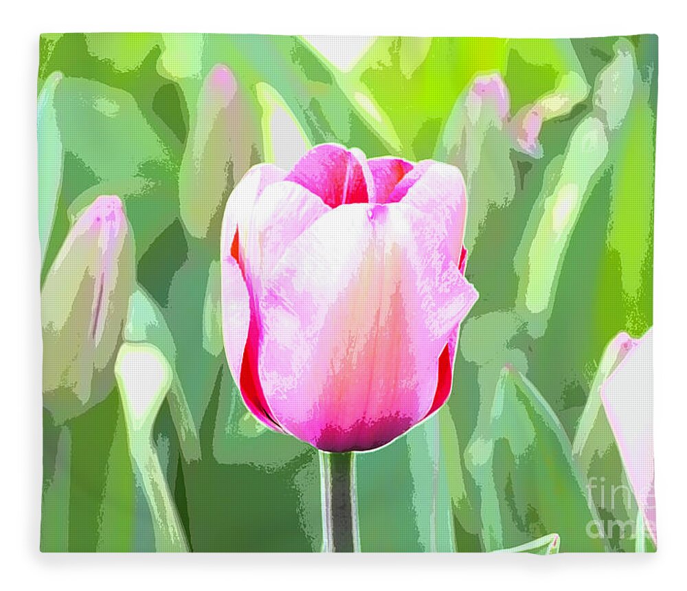 Spring Fleece Blanket featuring the digital art One Pink Tulip by Bentley Davis