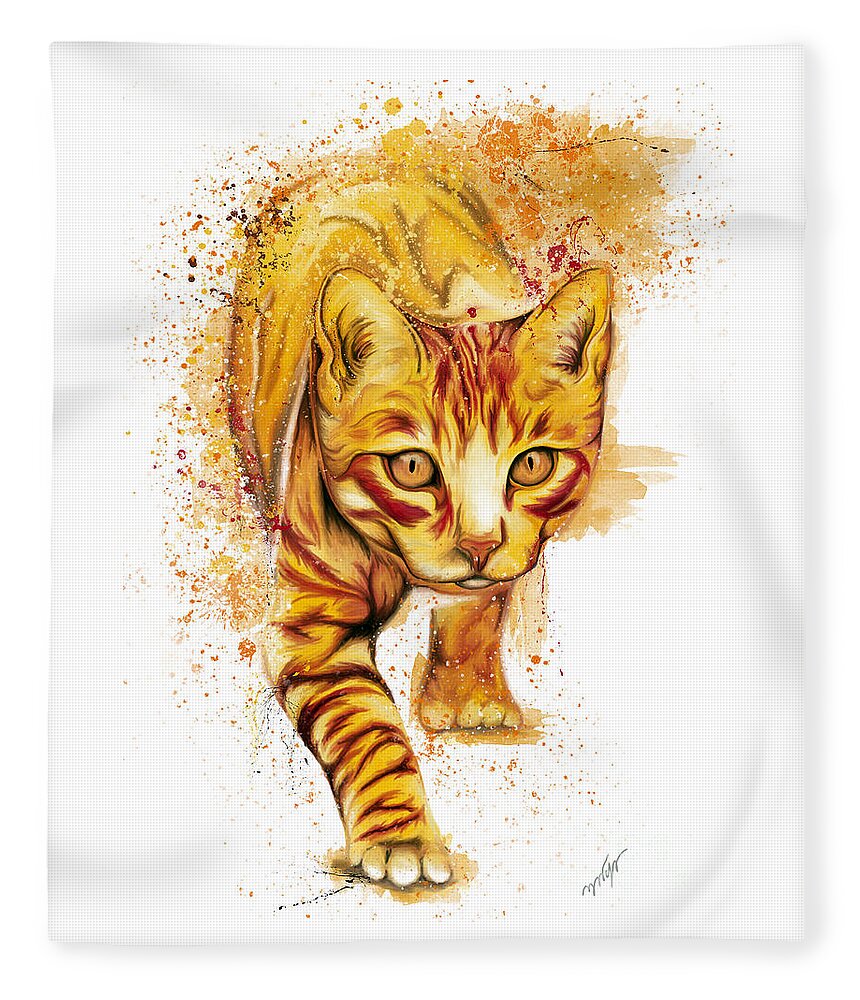 Orange Cat Fleece Blanket featuring the painting Orange chasing cat splatter painting, watercolor cat, by Nadia CHEVREL