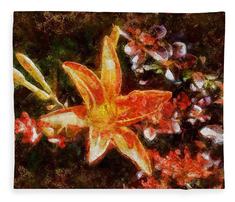 Flower Fleece Blanket featuring the mixed media Orange Daylily in Summer by Christopher Reed