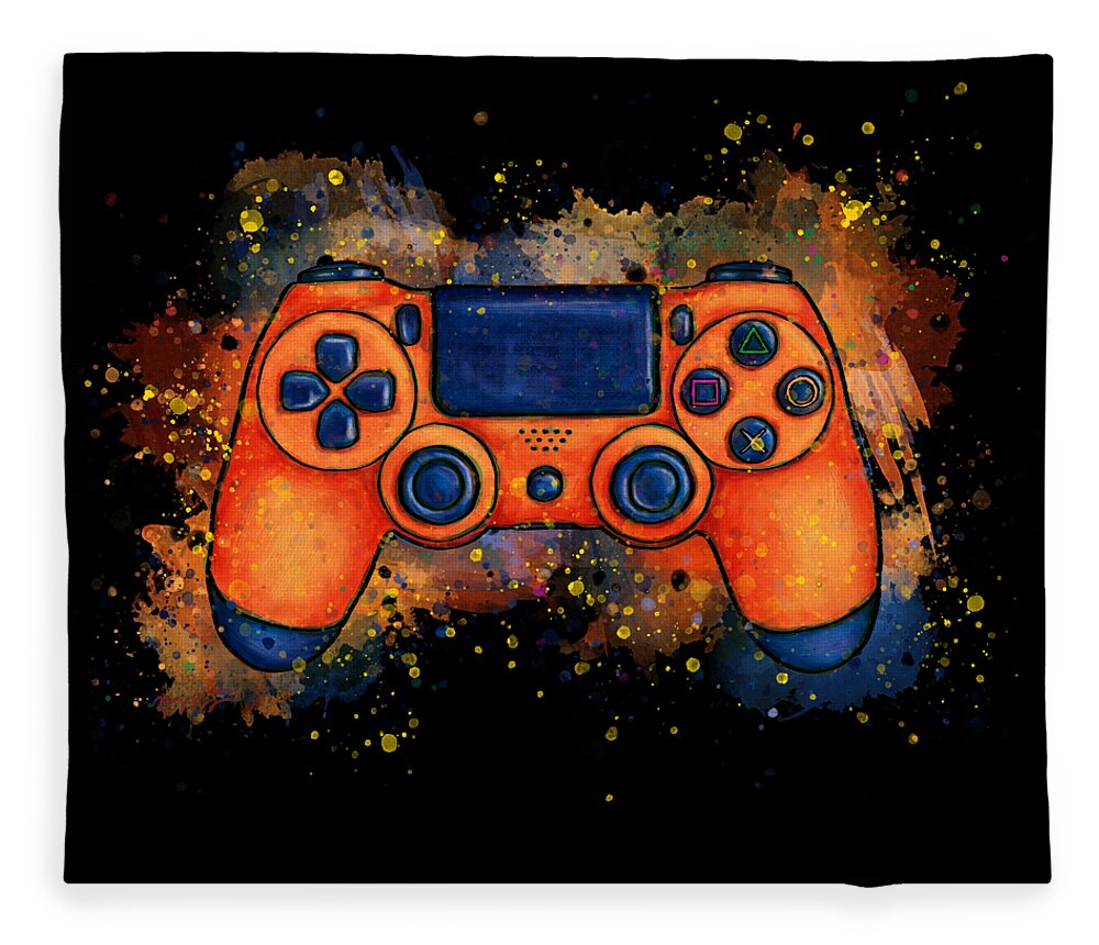 Gaming Fleece Blanket featuring the painting Orange game controller splatter art, gaming by Nadia CHEVREL
