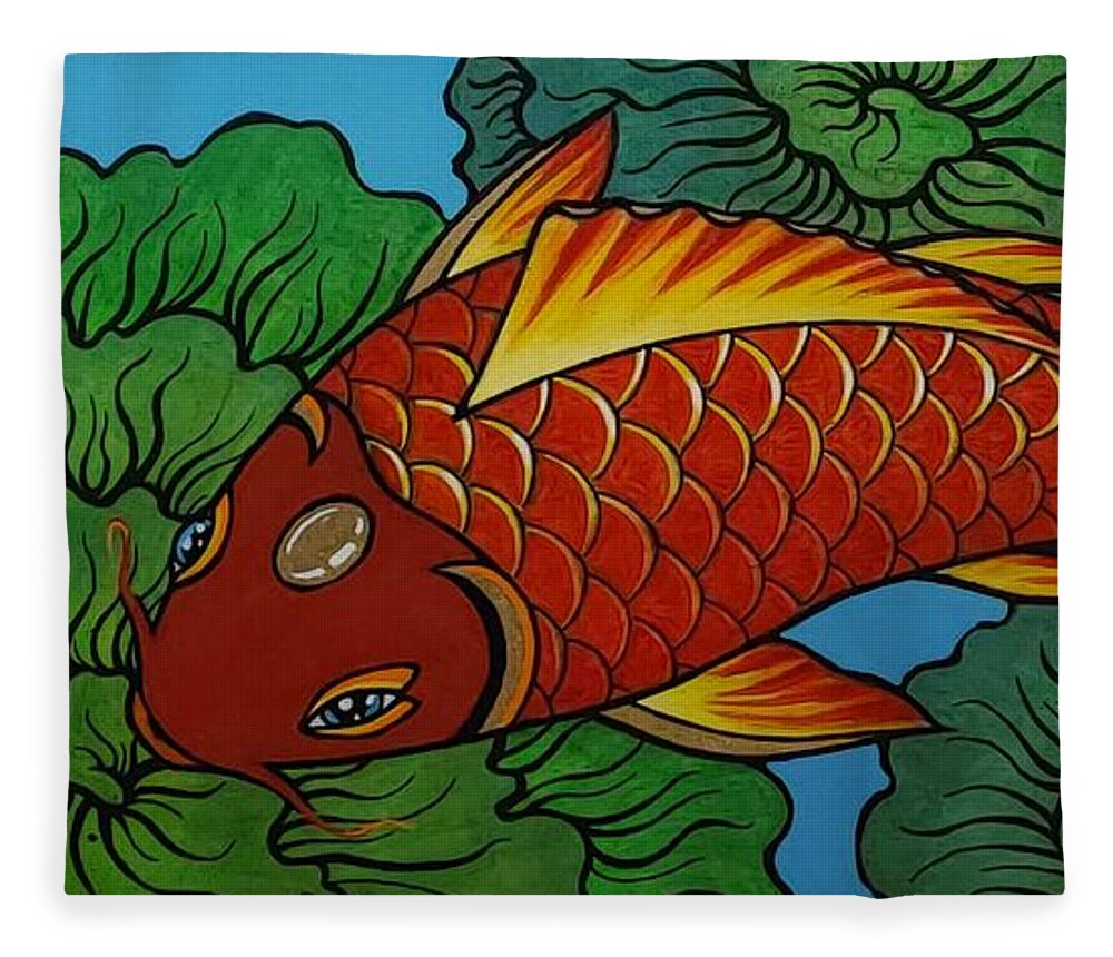 Koi Fish Fleece Blanket featuring the painting Orange Koi with Green Thought Flowers by Bryon Stewart