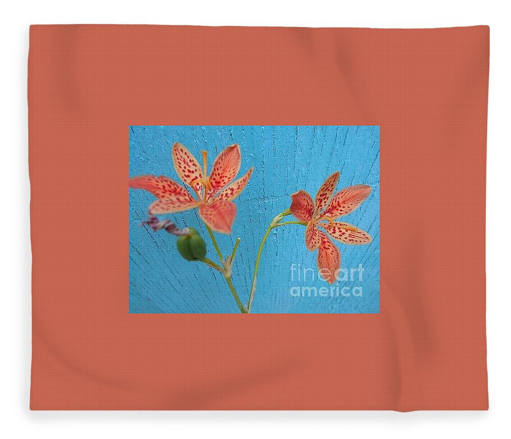 Orange Fleece Blanket featuring the photograph Orange Lily on blue by Nancy Graham