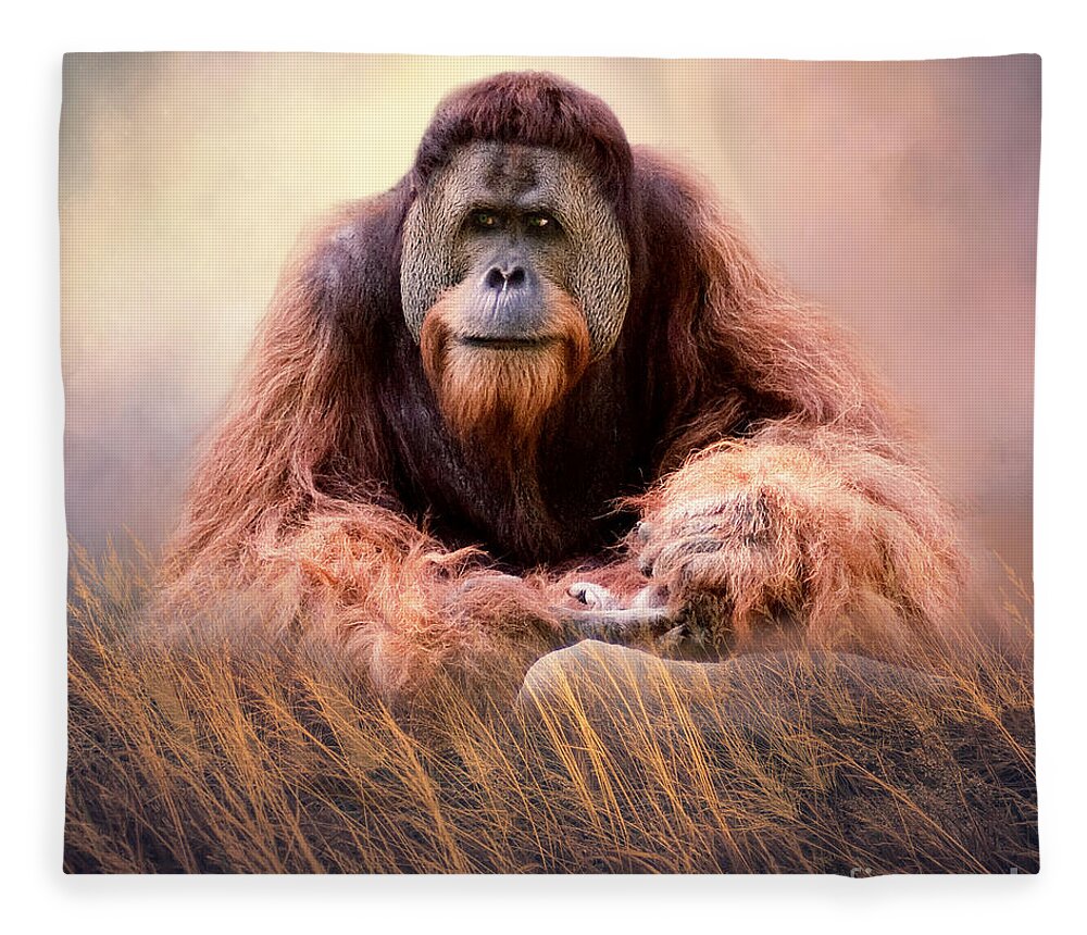 Sumatra Fleece Blanket featuring the mixed media Orangutan Portrait by Ed Taylor