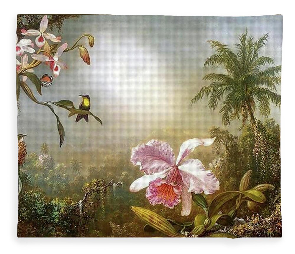 Martin Johnson Heade Fleece Blanket featuring the painting Orchids Nesting Hummingbirds And A Butterfly by Martin Johnson Heade