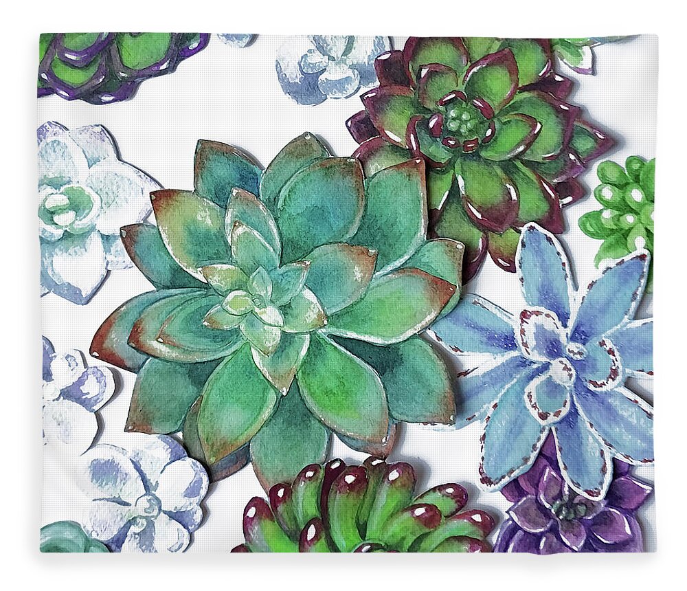 Succulent Fleece Blanket featuring the painting Organic Beautiful Succulent Plants Garden Watercolor Art Decor I by Irina Sztukowski