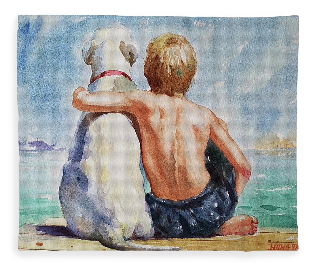 Original Art Fleece Blanket featuring the painting Original Watercolour Painting Nude Boy And Dog#16-11-18 by Hongtao Huang