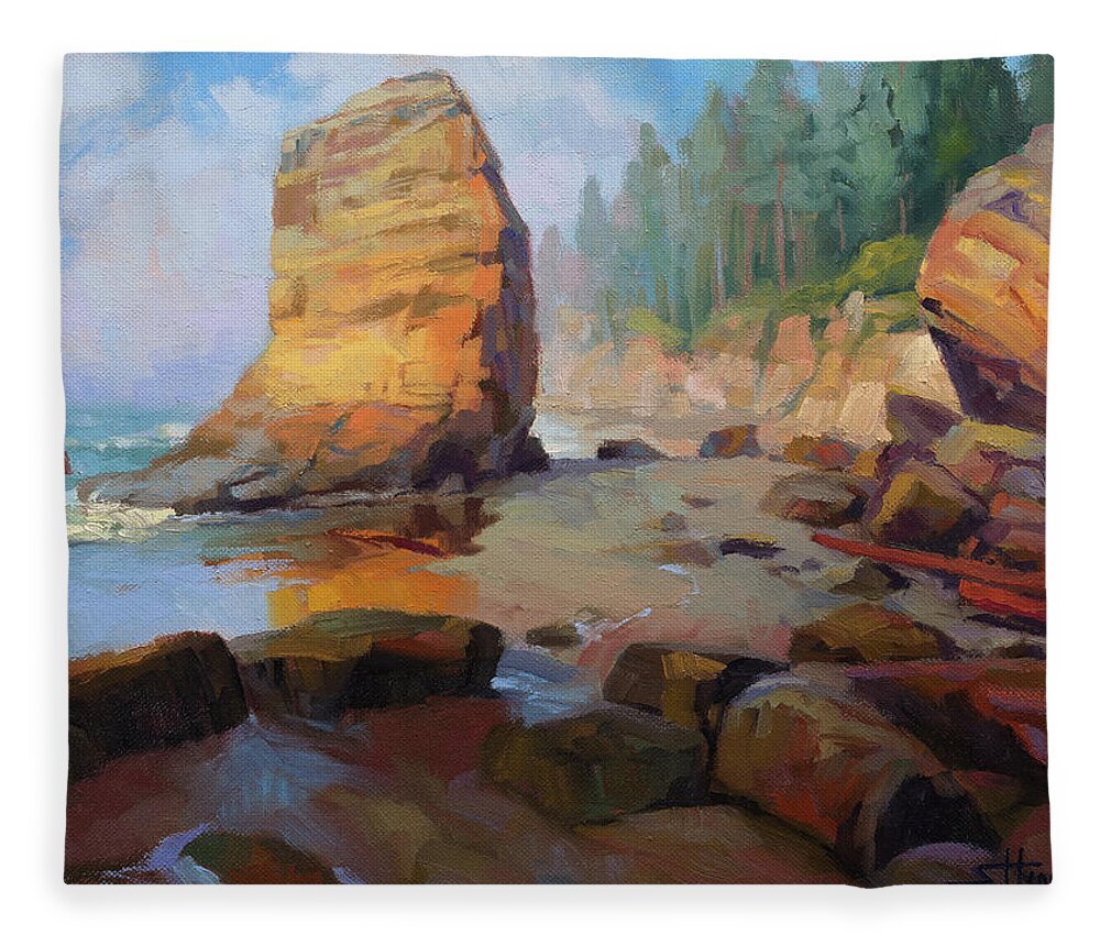 Coast Fleece Blanket featuring the painting Otter Rock Beach by Steve Henderson