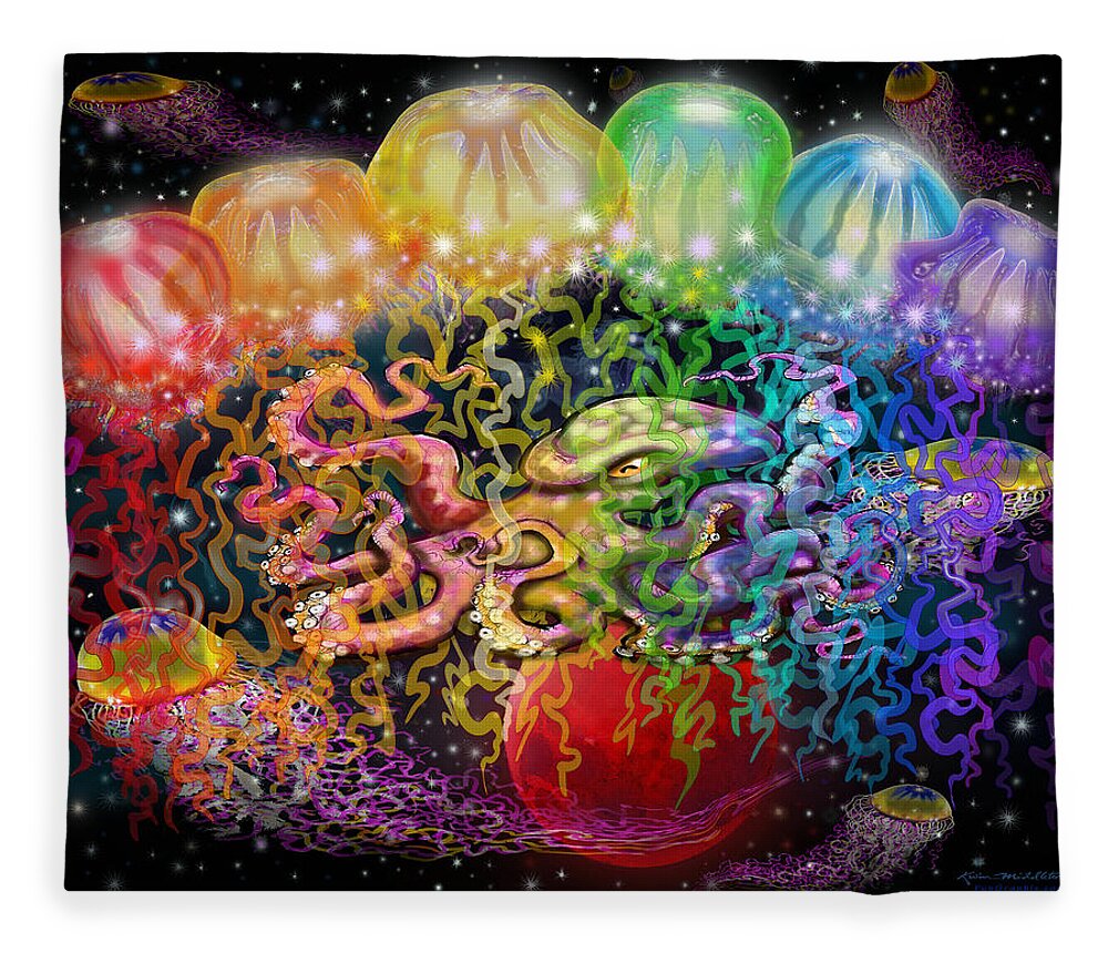 Space Fleece Blanket featuring the digital art Outer Space Rainbow Alien Tentacles by Kevin Middleton