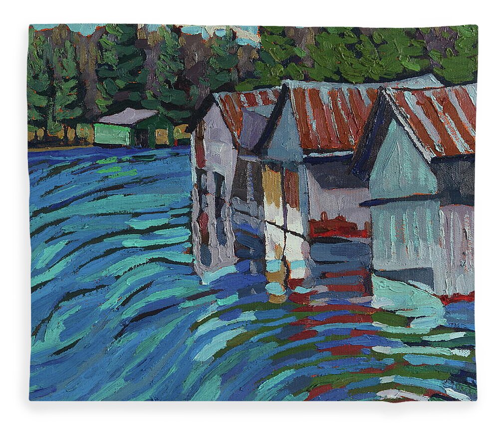 1762 Fleece Blanket featuring the painting Outlet Row of Boat Houses by Phil Chadwick