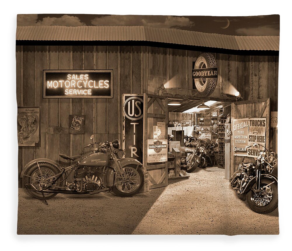 Motorcycle Fleece Blanket featuring the photograph Outside The Old Motorcycle Shop - Spia by Mike McGlothlen