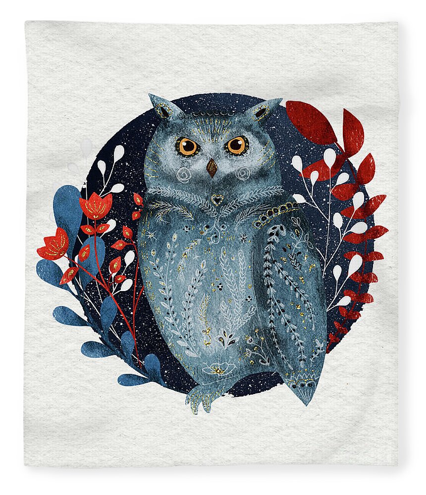 Owl Fleece Blanket featuring the painting Owl With Flowers by Modern Art