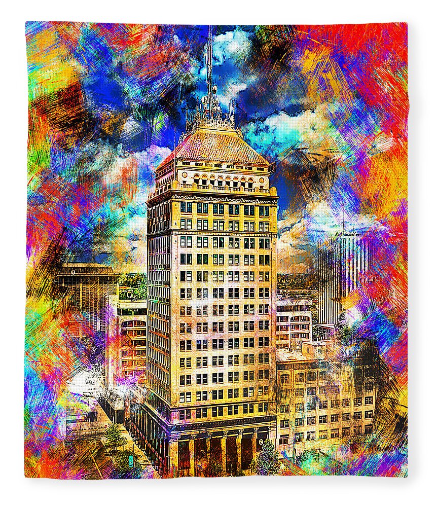 Pacific Southwest Building Fleece Blanket featuring the digital art Pacific Southwest Building in Fresno - colorful painting by Nicko Prints