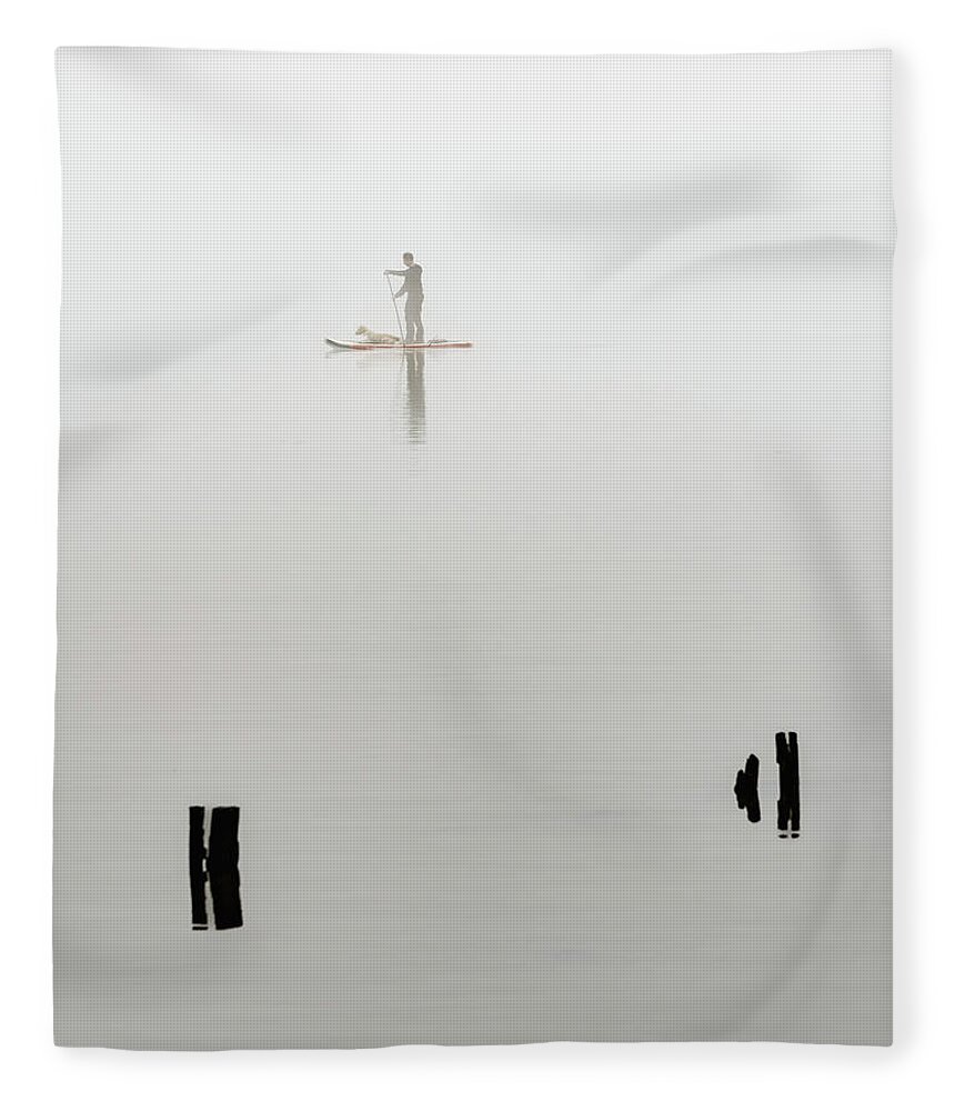Hudson River Fleece Blanket featuring the photograph Paddleboarder in Fog by Kevin Suttlehan
