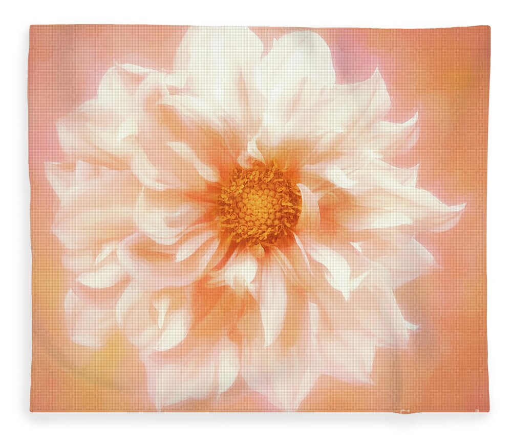 Dahlia Fleece Blanket featuring the photograph Painted Peach Dahlia Twirl by Anita Pollak