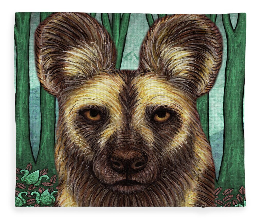 Painted Wolf Fleece Blanket featuring the painting Painted Wolf Forest by Amy E Fraser