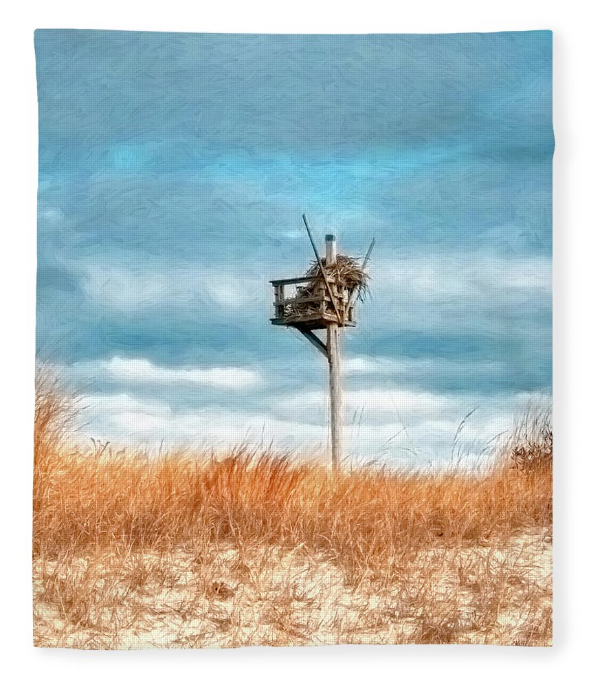 Painterly Fleece Blanket featuring the photograph Painterly Osprey Nest At The Beach by Gary Slawsky
