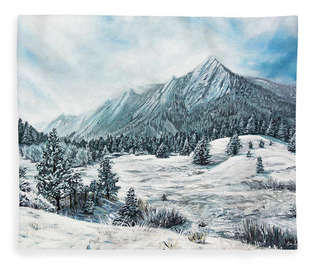 Boulder Fleece Blanket featuring the painting Painting - Boulder Flatirons in Winter by Aaron Spong