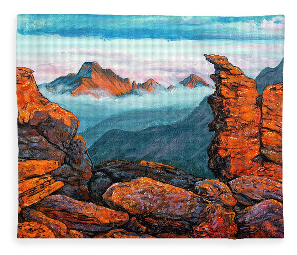 Rocky Mountain National Park Fleece Blanket featuring the painting Painting - Longs Peak and Rock Cut Sunset by Aaron Spong