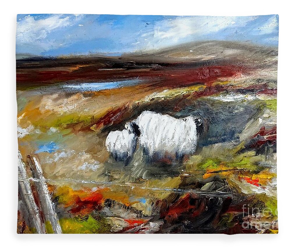 Connemara Sheep Fleece Blanket featuring the painting Painting of connemara sheep by the lakes of connemara by Mary Cahalan Lee - aka PIXI