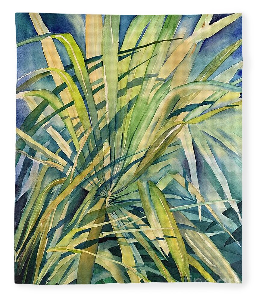 Palm Fleece Blanket featuring the painting Palm leaves by Liana Yarckin