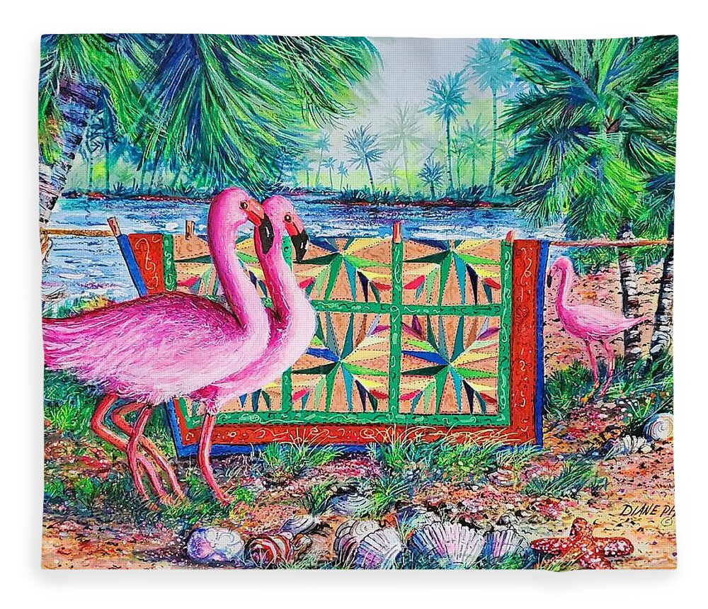 Palm Quilt Fleece Blanket featuring the painting Palm Quilt Flamingos by Diane Phalen