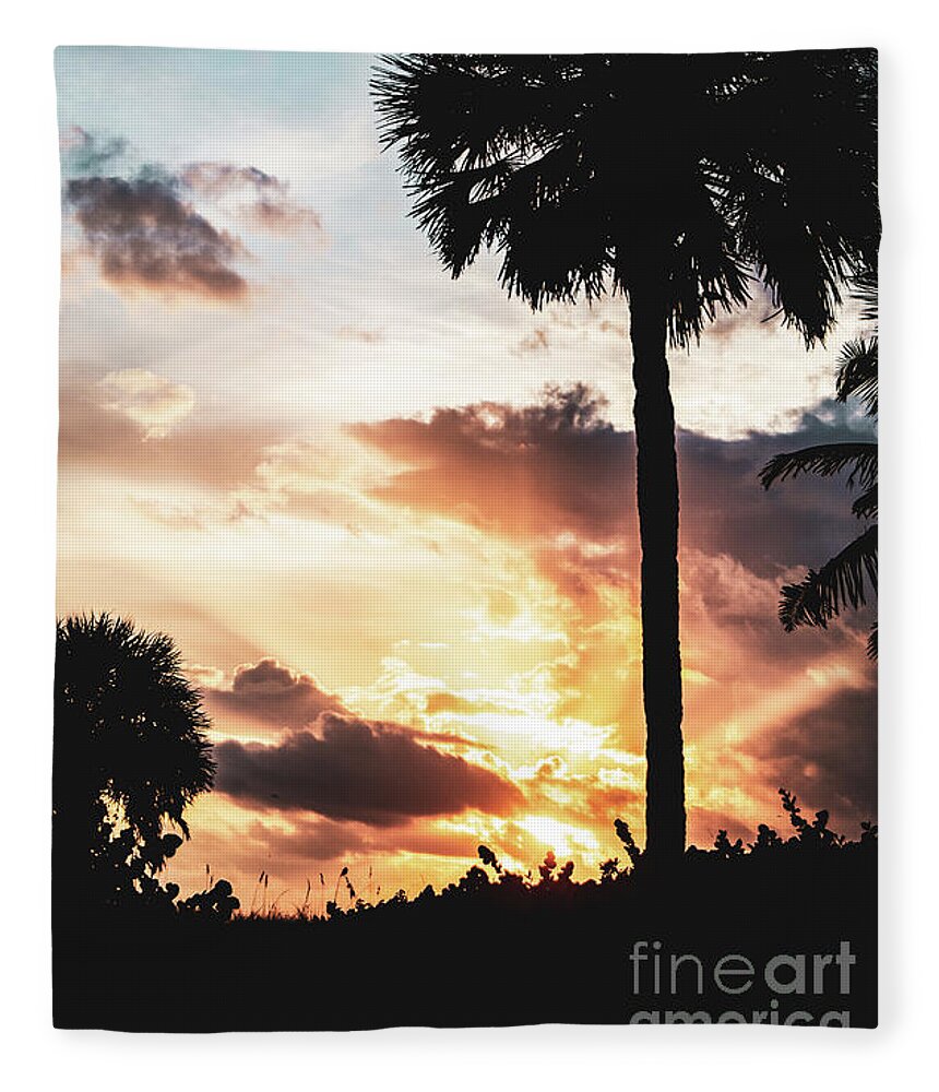 Tropical Fleece Blanket featuring the photograph Palm Tree Silhouettes and Sunset Coastal Nature / Landscape Photo by PIPA Fine Art - Simply Solid