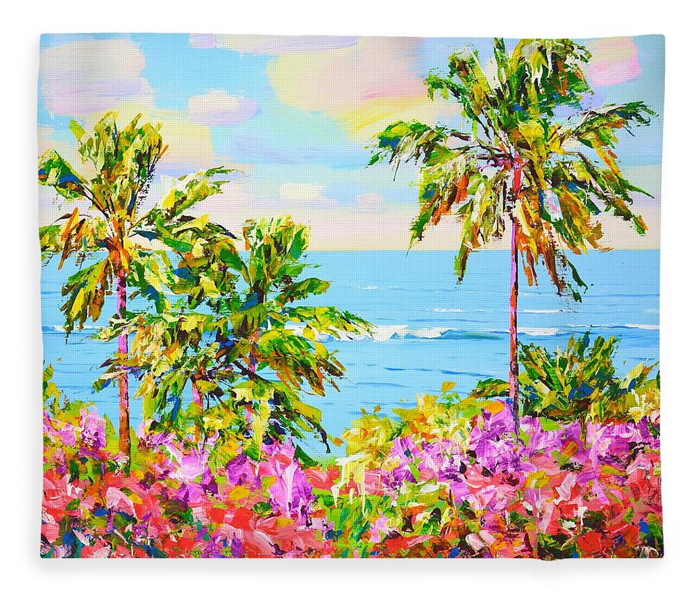 Ocean Fleece Blanket featuring the painting 	Palms. Ocean. Flowers. by Iryna Kastsova