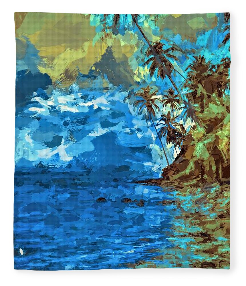 Liapari Fleece Blanket featuring the mixed media Palms Over Water Liapari Island in Solomon Islands by Joan Stratton