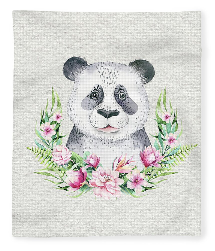 Panda Fleece Blanket featuring the painting Panda Bear With Flowers by Nursery Art
