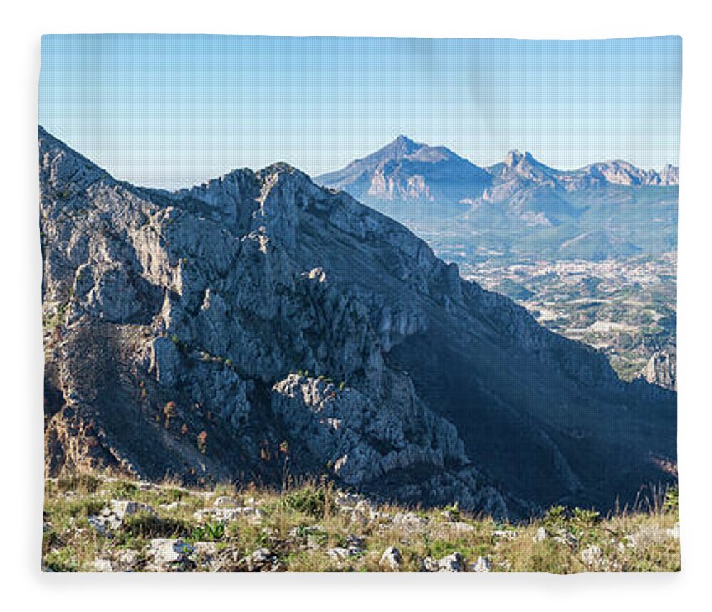 Mountains Fleece Blanket featuring the photograph Panorama of a blue mountain landscape by Adriana Mueller