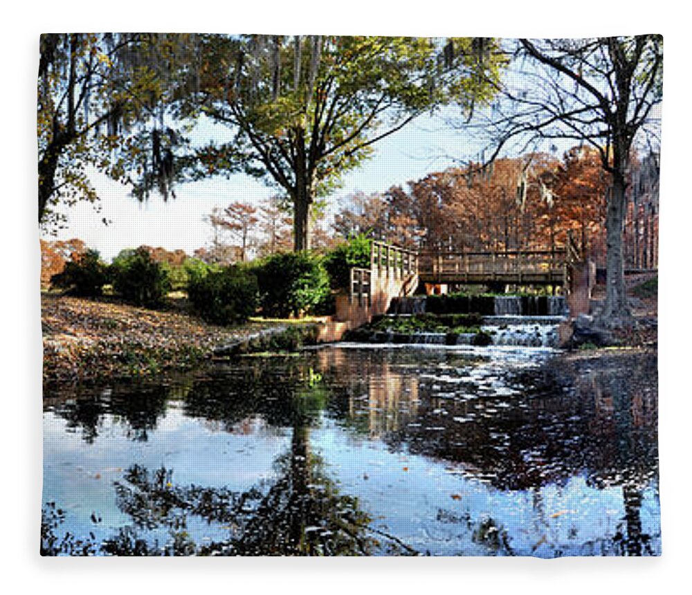 Greenfield Lake Fleece Blanket featuring the photograph Panorama of Greenfield Lake Park, Wilmington, NC by WAZgriffin Digital