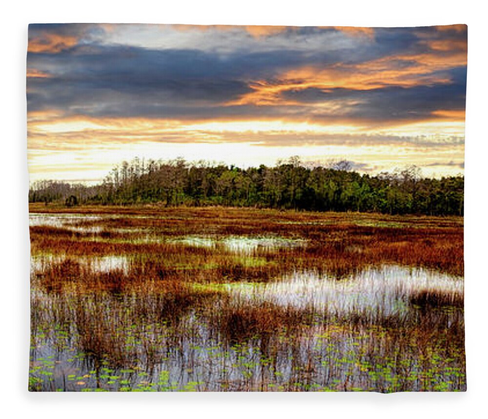 Clouds Fleece Blanket featuring the photograph Panorama Overlooking the Marsh by Debra and Dave Vanderlaan