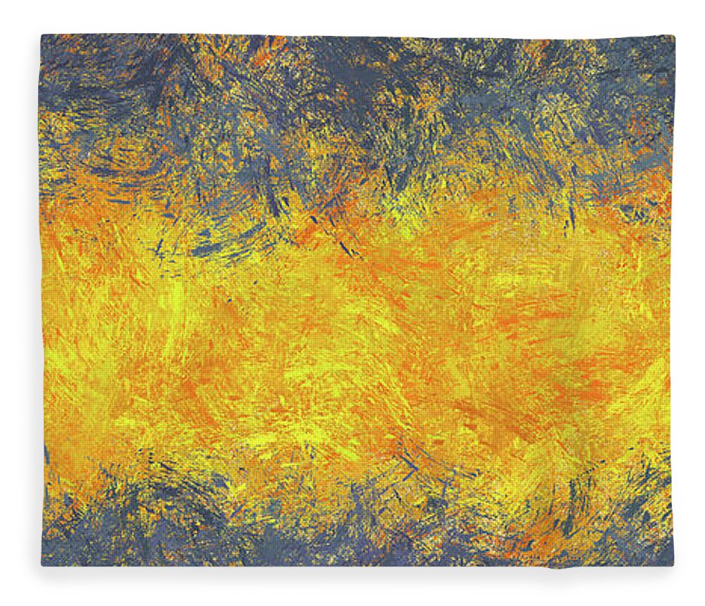 Long Fleece Blanket featuring the digital art Panoramic abstract in yellows and blues by Bentley Davis