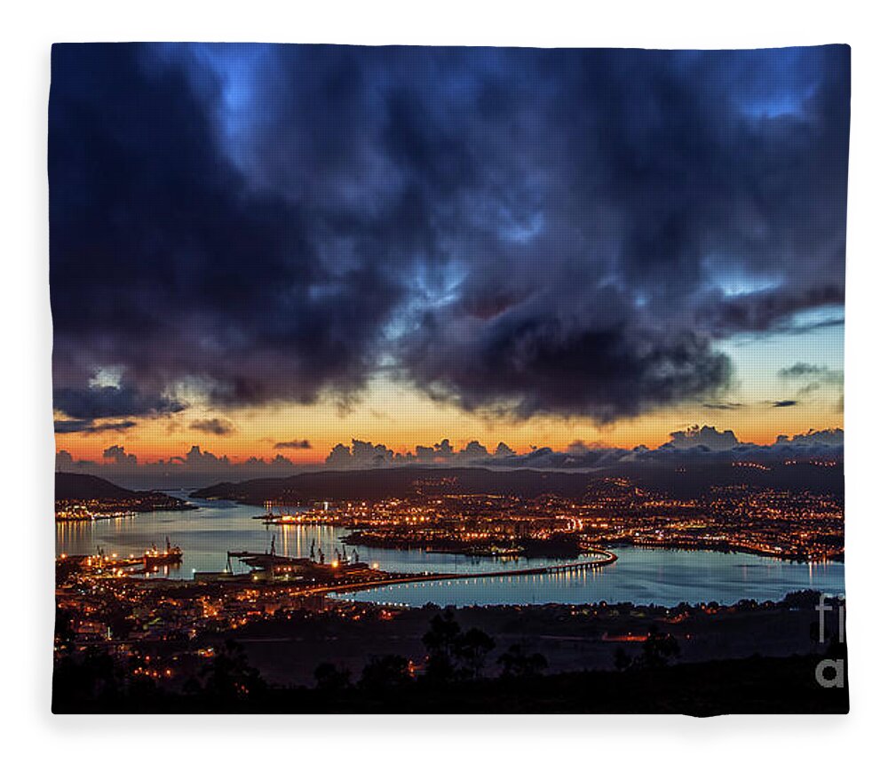 Port Fleece Blanket featuring the photograph Panoramic View of Ferrol Estuary with Bridge and Shipyards Stormy Sky at Dusk La Corua Galicia by Pablo Avanzini