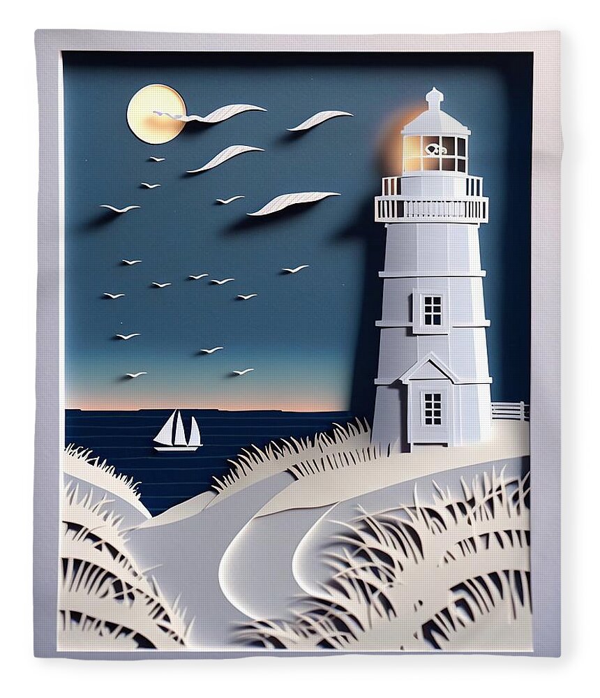 Nantucket Fleece Blanket featuring the digital art Paper Lighthouse by Nickleen Mosher