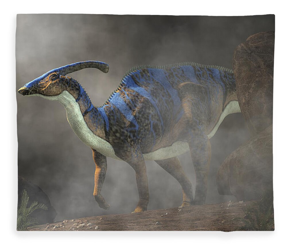 Parasaurolophus Fleece Blanket featuring the digital art Parasaurolophus in Fog by Daniel Eskridge