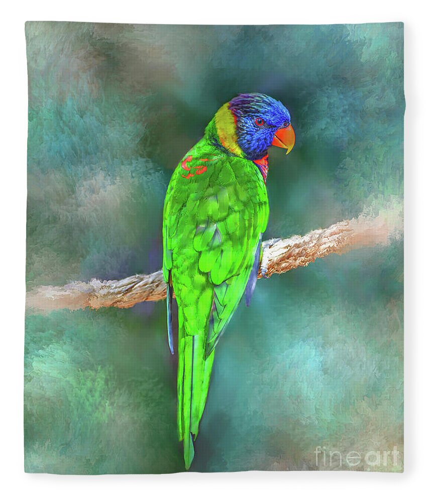 Bird Fleece Blanket featuring the mixed media Parrot Bird 80 by Lucie Dumas