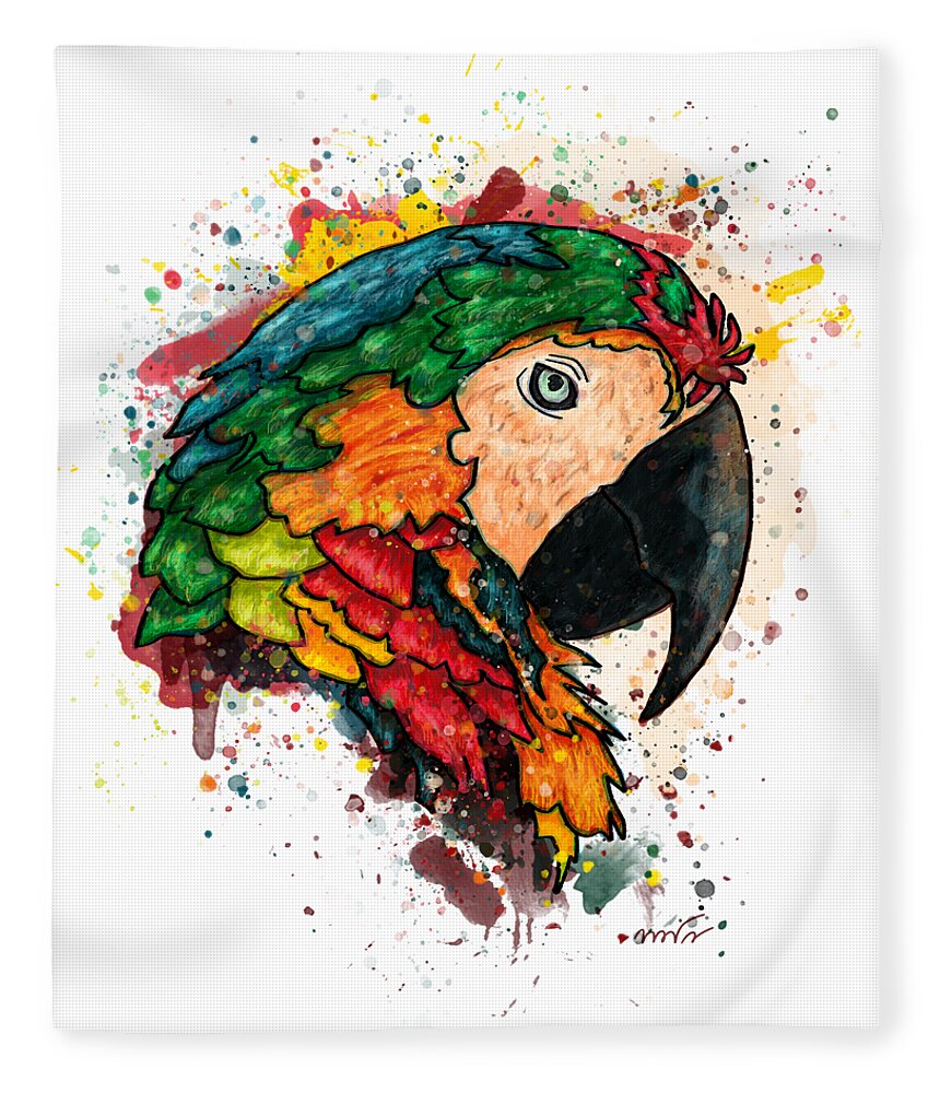 Parrot Fleece Blanket featuring the painting Parrot portrait painting on white background, Macaw parrot by Nadia CHEVREL