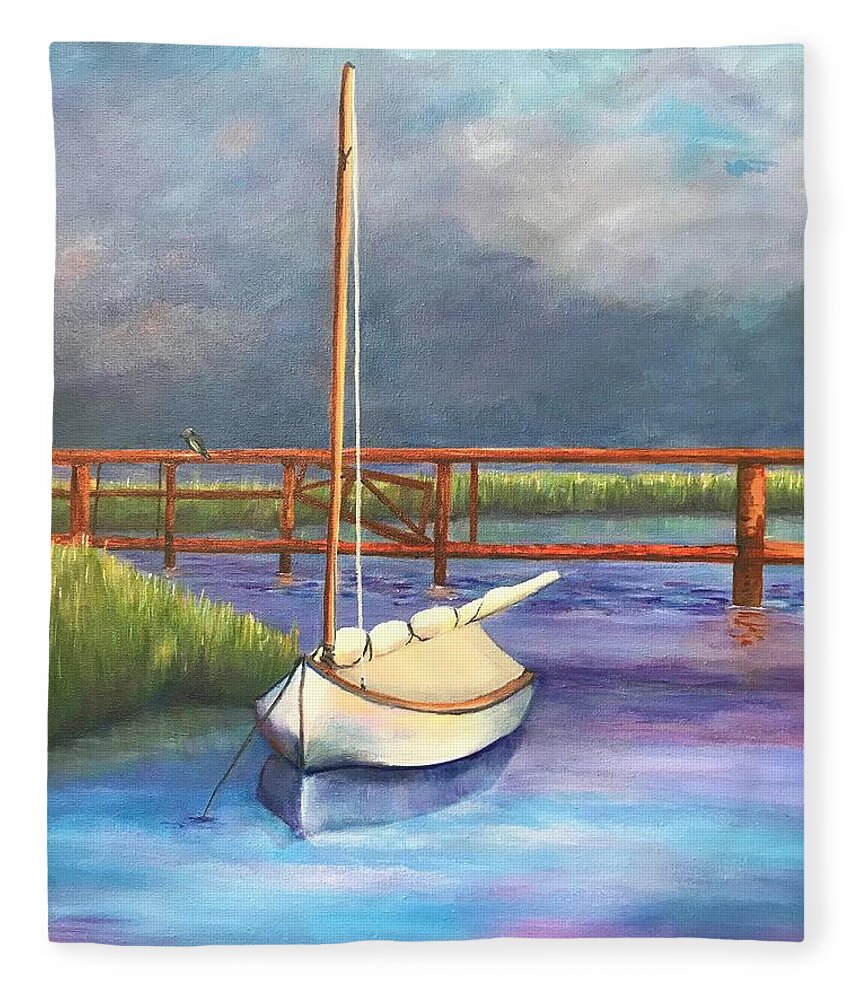 Nautical Fleece Blanket featuring the painting Passing Storm at the Mooring by Deborah Naves