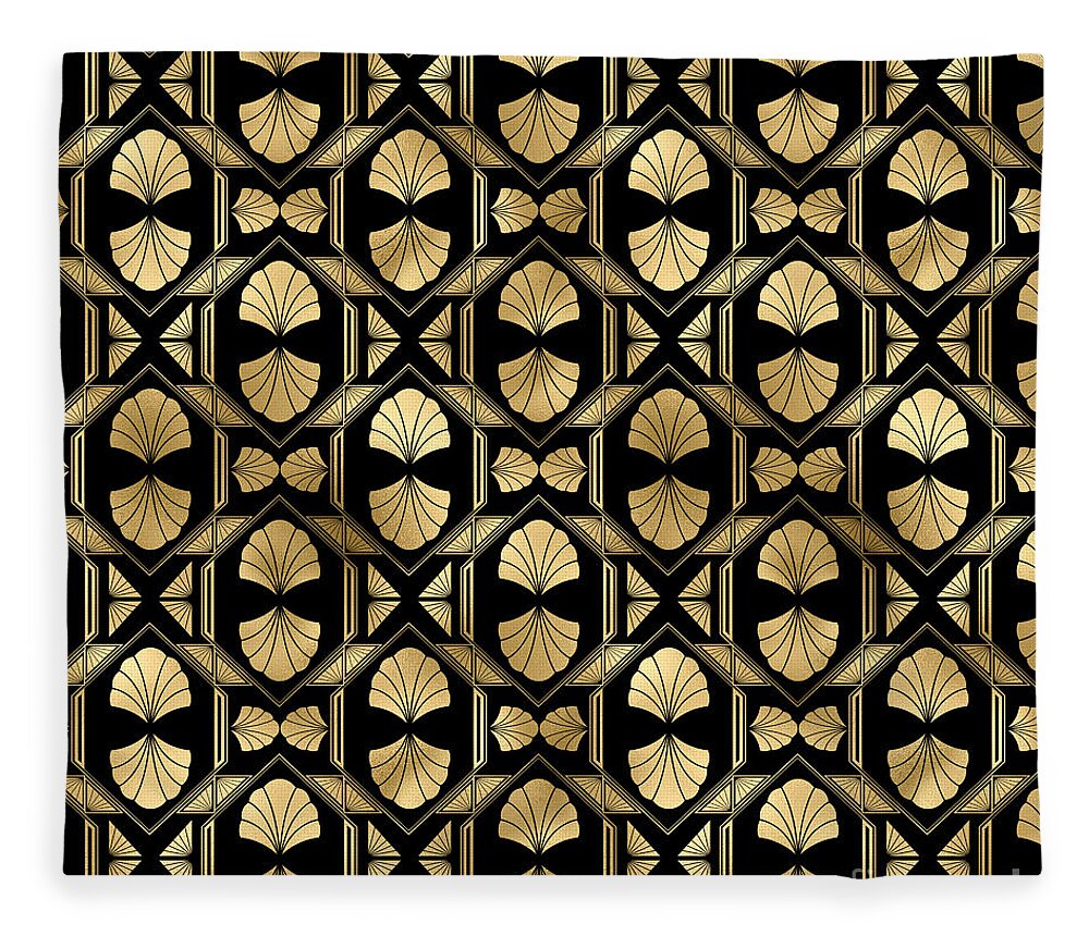 Art Fleece Blanket featuring the digital art Pastrana - Gold Black Art Deco Seamless Pattern by Sambel Pedes