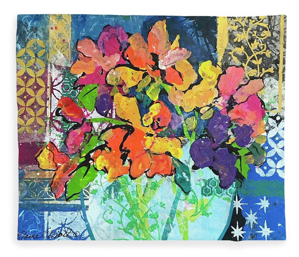 Mixed Flower Bouquet Fleece Blanket featuring the painting Patio Profusion by Elaine Elliott