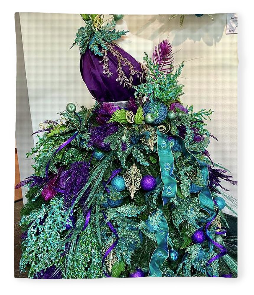 Peacock Dress Christmas Tree Fleece Blanket by Denise Mazzocco